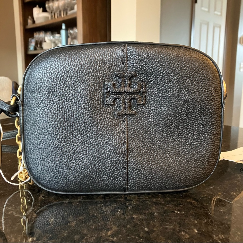 New Tory Burch McGraw Leather Camera Bag, Black Small Crossbody Purse